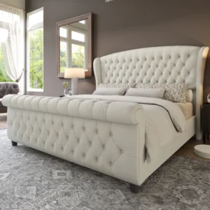 Dulane Chenille Upholstered Sleigh Queen Bed with Scroll Wingback Headboard, Cream